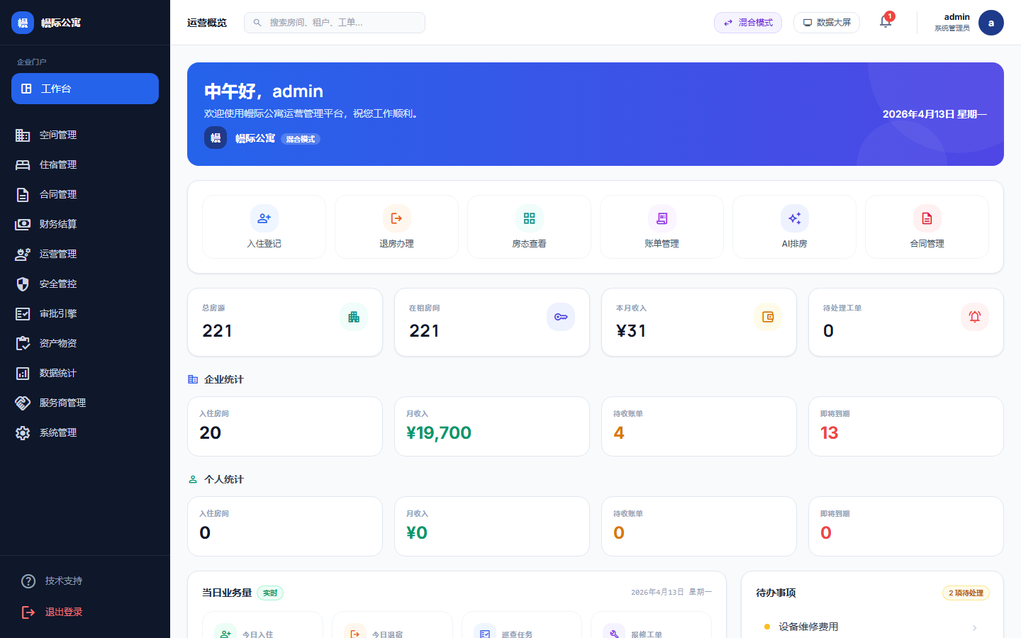 幔际公寓管理后台 Dashboard